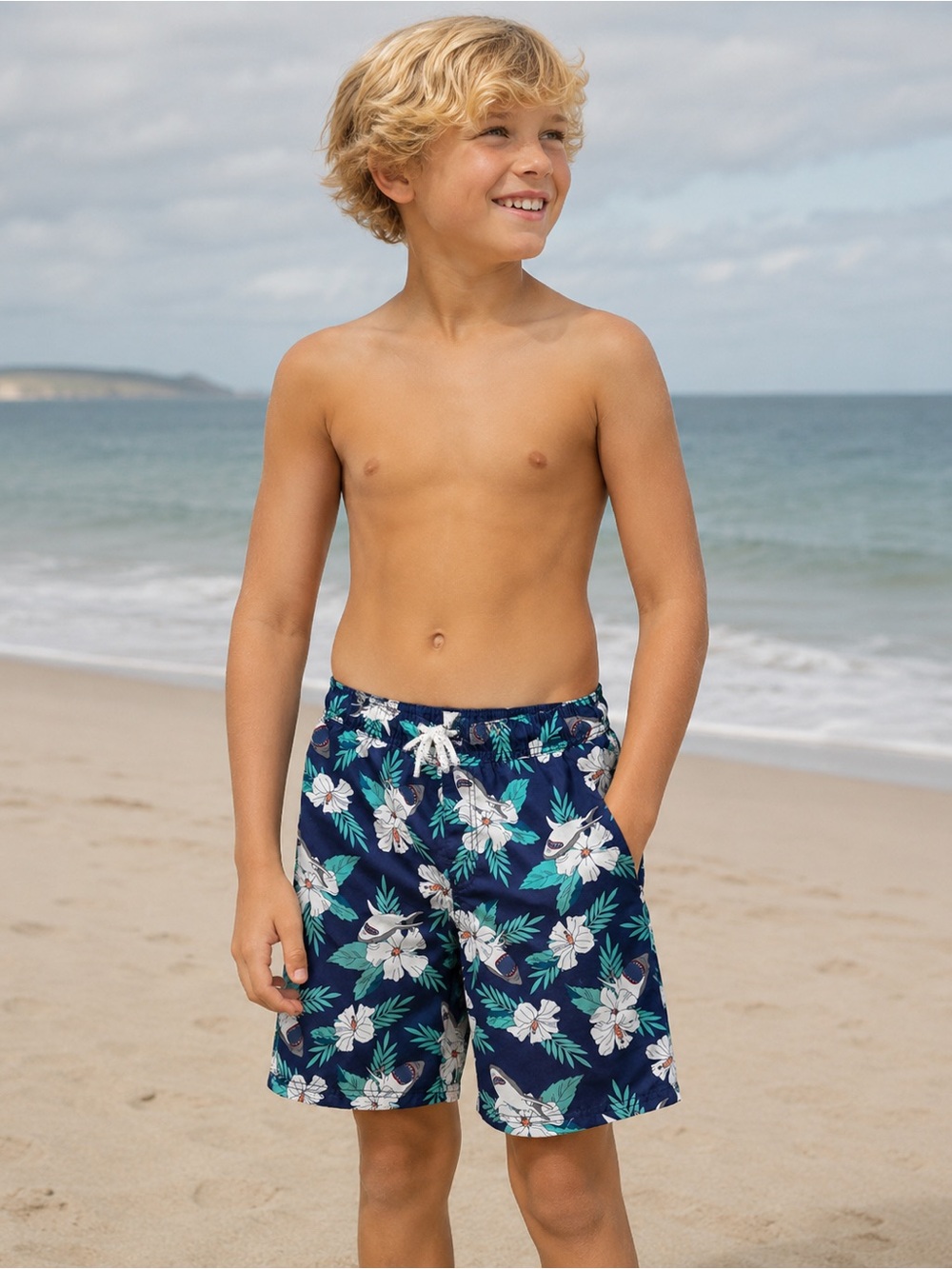 OshKosh B'gosh Blue and White Boys’ Board Shorts Vibrant Swimwear Size 10